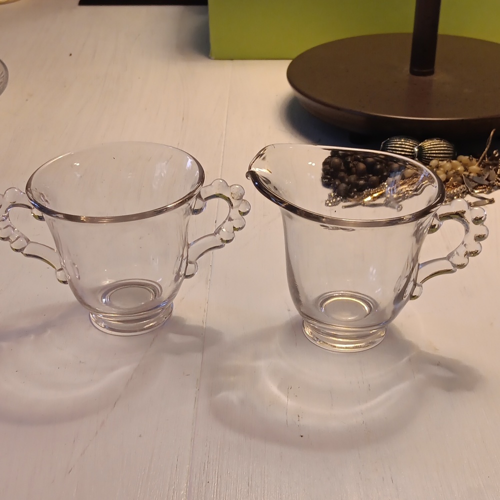 GLASS SUGAR BOWL AND CREAMER